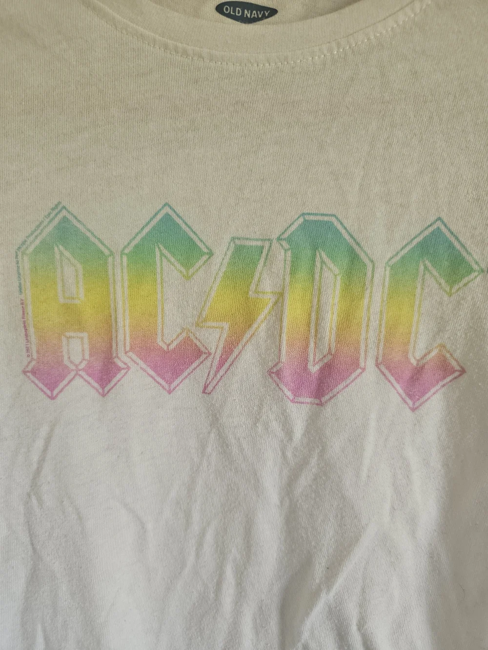 Old Navy White Kids Short Sleeve Tee with Pastel Rainbow AC/DC Logo